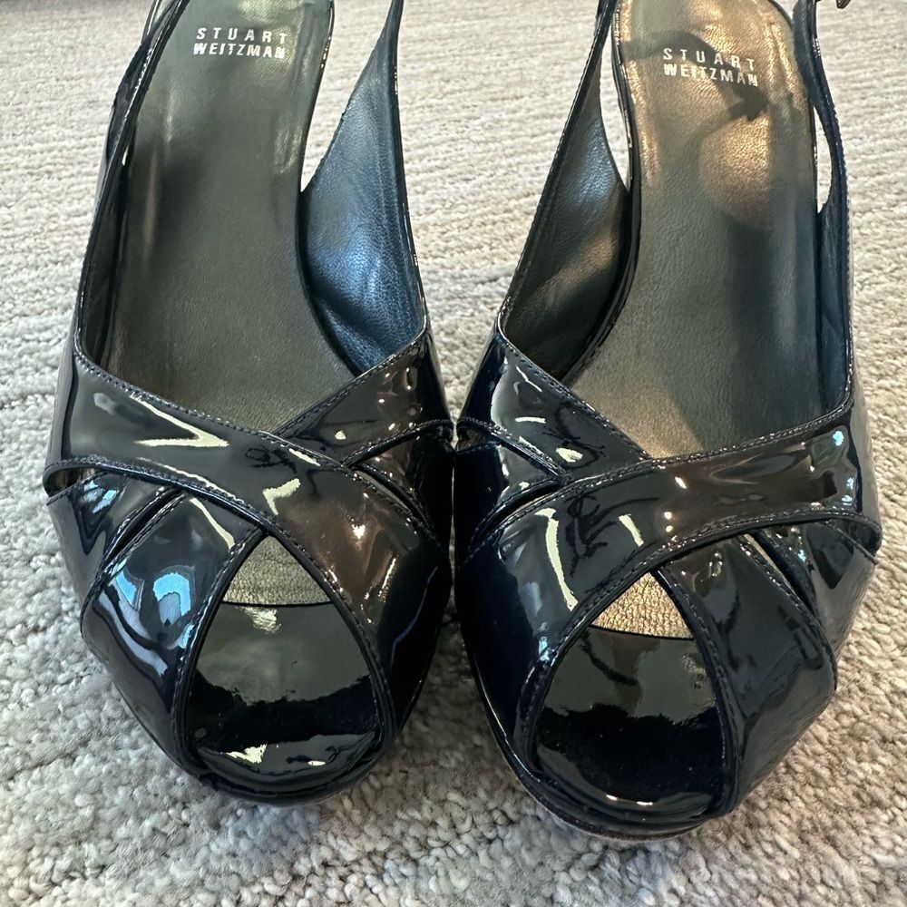 Stuart Weitzman Peekapoo black patent leather slingback shoe size 9 - Picture 2 of 6